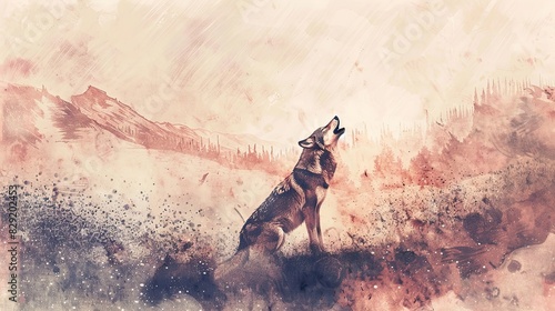 Capture the heartbreaking scene of a lone wolf howling in a barren, deforested landscape from a birds eye view Render it in soft, melancholic watercolors to evoke raw emotion