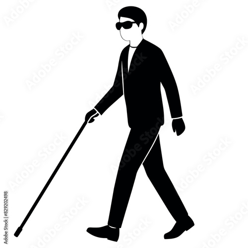 A blind man walking with cane vector silhouette, isolated  white background