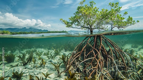 lifeless mangrove trees in polluted coastal area environmental degradation underwater photography photo