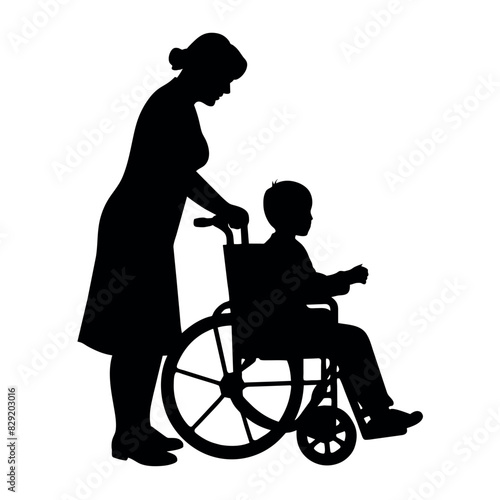 A Disable Child sitting on the Wheel Chair and a woman push up the chair and helping the child vector silhouette