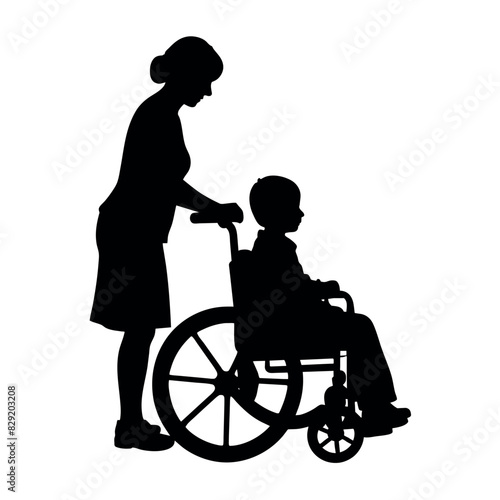 A Disable Child sitting on the Wheel Chair and a woman push up the chair and helping the child vector silhouette