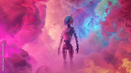 Craft a scene where a robotic figure moves stealthily amid a field of swirling colors photo
