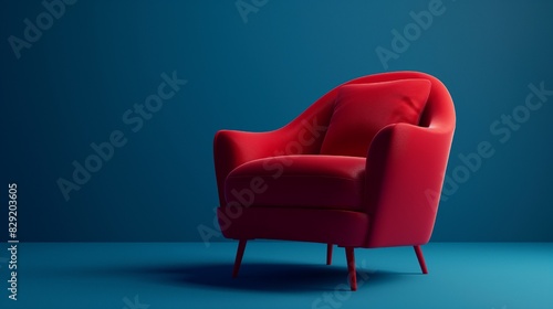 red side chair photoshoot, blue background, blender, 3d, octane render, cinematic
