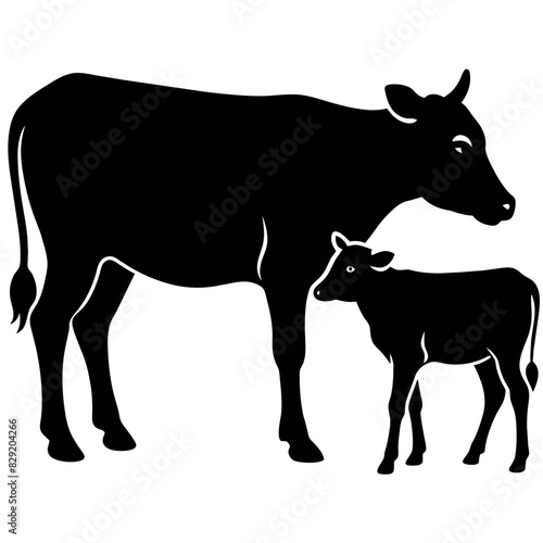 A cow With Calf vector silhouette  a cow standing with a new born calf silhouette isolated white background