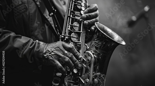 saxophonists passionate performance hands masterfully playing jazz on alto sax black and white photography photo