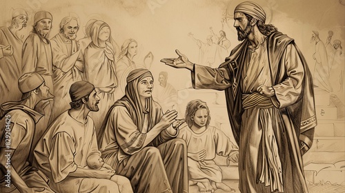 People Murmuring as Jesus Tells Zacchaeus He Must Stay at His House, Biblical Illustration, Beige Background, Copyspace