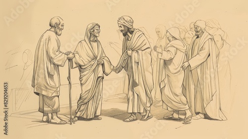 Ten Lepers Healed by Jesus, One Returns with Thanks, Biblical Illustration, Beige Background, Copyspace