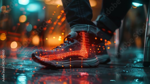 Man experiencing ankle pain, with a double exposure of a pain chart and red hologram illustration photo