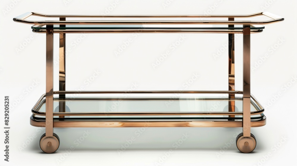 Minimalist bar cart with glass shelves and metal frame, isolated on a white studio background Minimalist bar cart with glass shelves and metal frame, isolated on a white studio background