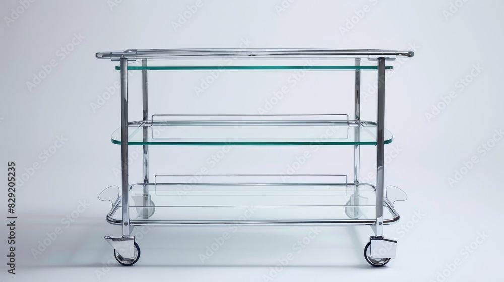 Minimalist bar cart with glass shelves and metal frame, isolated on a white studio background Minimalist bar cart with glass shelves and metal frame, isolated on a white studio background