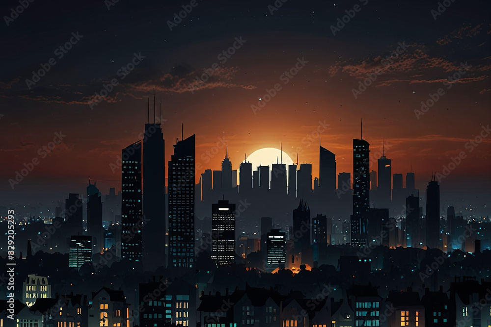 Fototapeta premium Eclipse city skyline wallpaper, silhouette. day become night