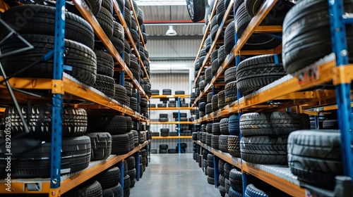 tire dealers warehouse with racks of customer car tires tire changer at work industrial setting