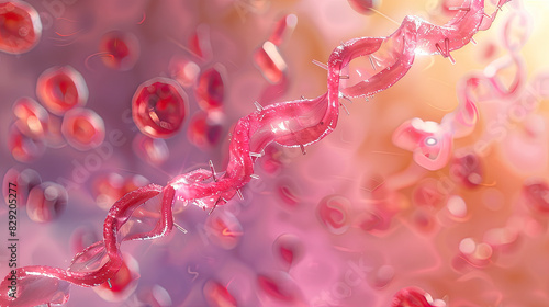 Spirochete bacterium with a spiral-shaped body moving through blood plasma, surrounded by red blood cells in a softly lit, detailed fluid environment. photo