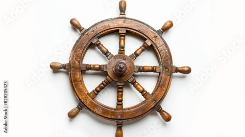 vintage wooden ships steering wheel isolated on white background nautical symbol of adventure and discovery studio photography