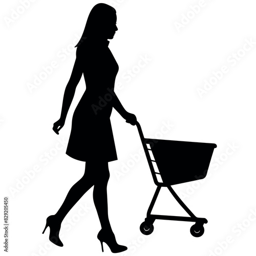 A woman Walking with Shopping cart vector silhouette, a shopping card holding a shopping cart silhouette.