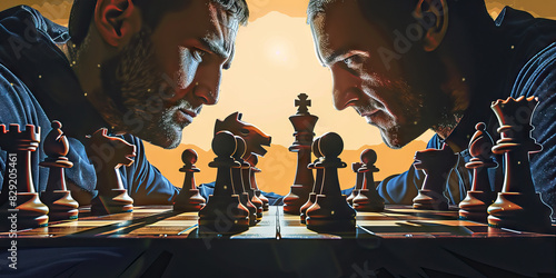 A chess master strategizes their next move against a determined opponent, both players focused intently on the game photo