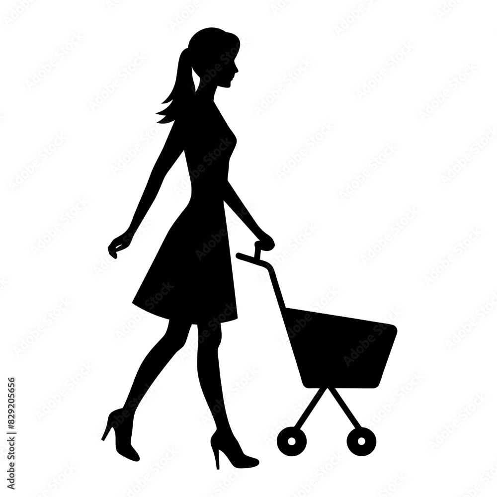 A woman Walking with Shopping cart vector silhouette, a shopping card holding a shopping cart silhouette.