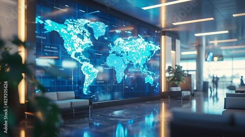 A high-resolution image of a world map displayed on a digital screen in a modern airport lounge
