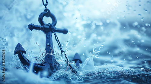 An anchor stuck in the water with a chain hanging down, splashing waves, a blurred background, blue tones, macro photography.