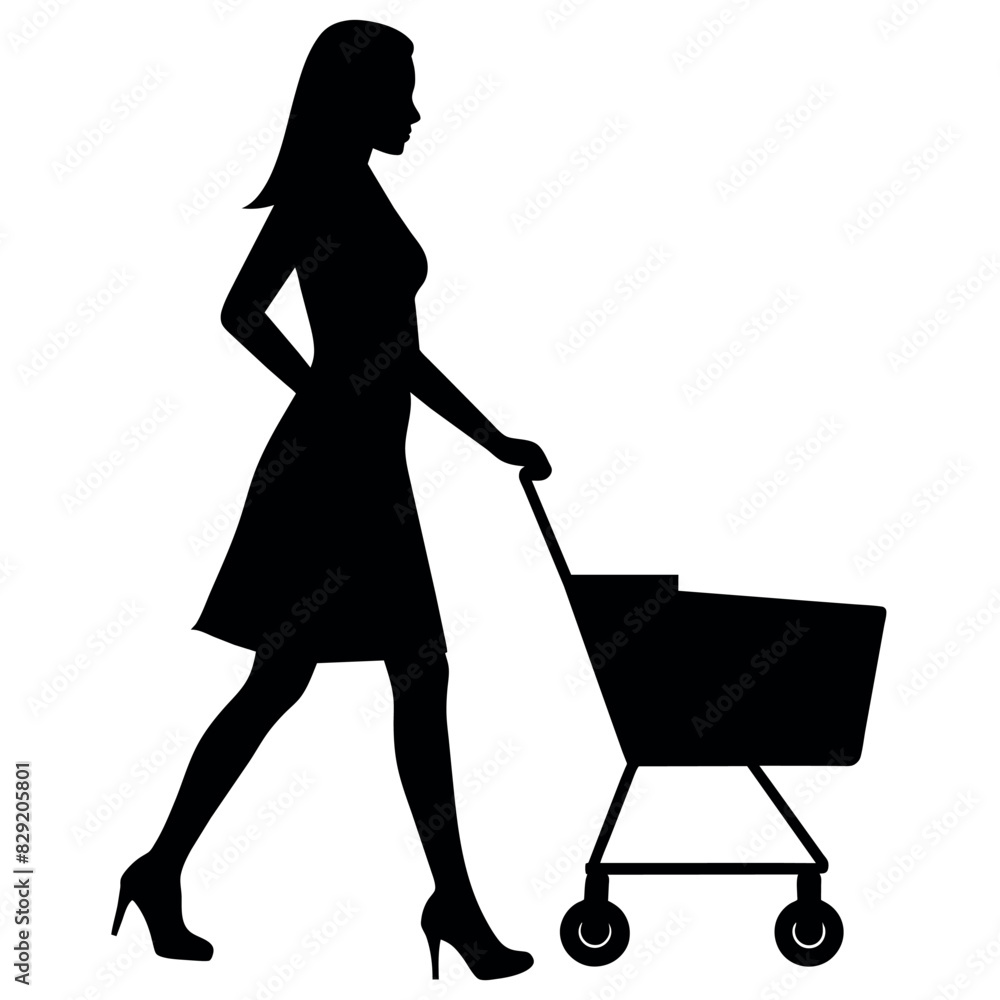 A woman Walking with Shopping cart vector silhouette, a shopping card holding a shopping cart silhouette. A woman Walking with Shopping cart vector silhouette, a shopping card holding a shopping cart silhouette.