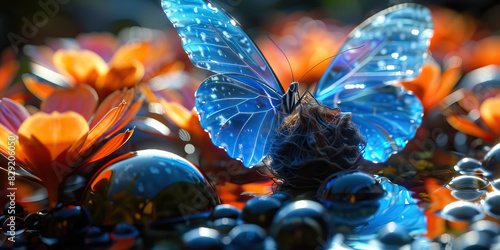 Shimmering blue wings of a butterfly unfurl from a small cocoon.  photo