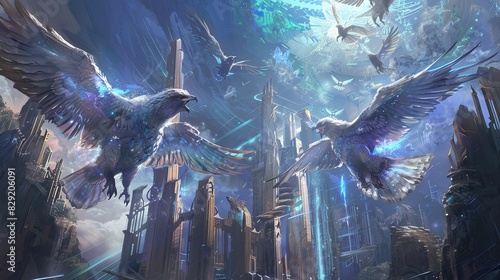 Illustrate a grand scene of majestic griffins intertwined with holographic interfaces photo