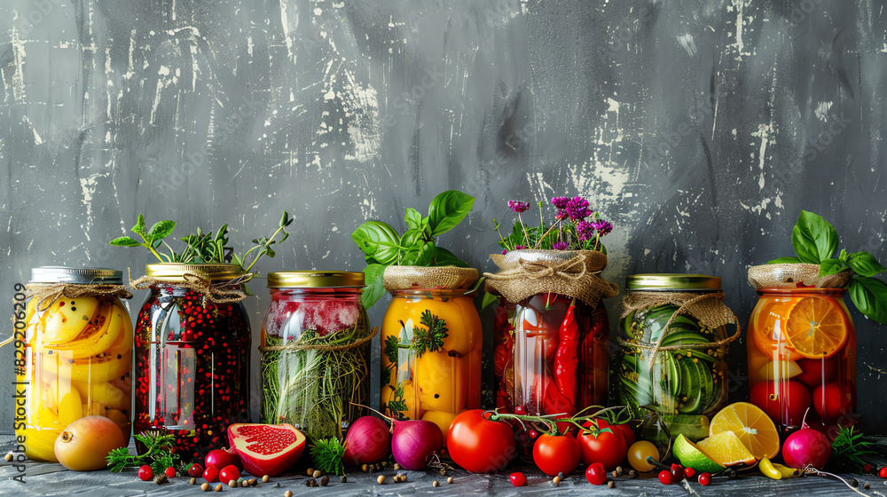 The table is covered with jars of pickled vegetables, fruits and vegetable juice against the background of an old gray wall. The composition conveys freshness in home canning. The table is covered with jars of pickled vegetables, fruits and vegetable juice against the background of an old gray wall. The composition conveys freshness in home canning.