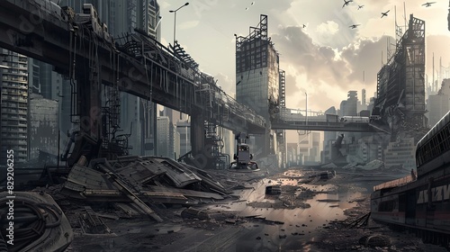 Illustrate a scene where advanced AI technology clashes with decaying urban environments Use stark contrasts and dynamic angles to evoke a sense of impending change and conflict photo