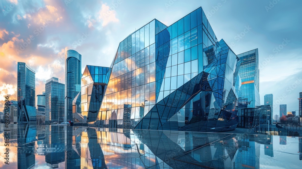 Naklejka premium Futuristic Asymmetrical Building with Sleek Glass and Metal Elements Against Vibrant City Skyline Concept Innovative Architectural Design.