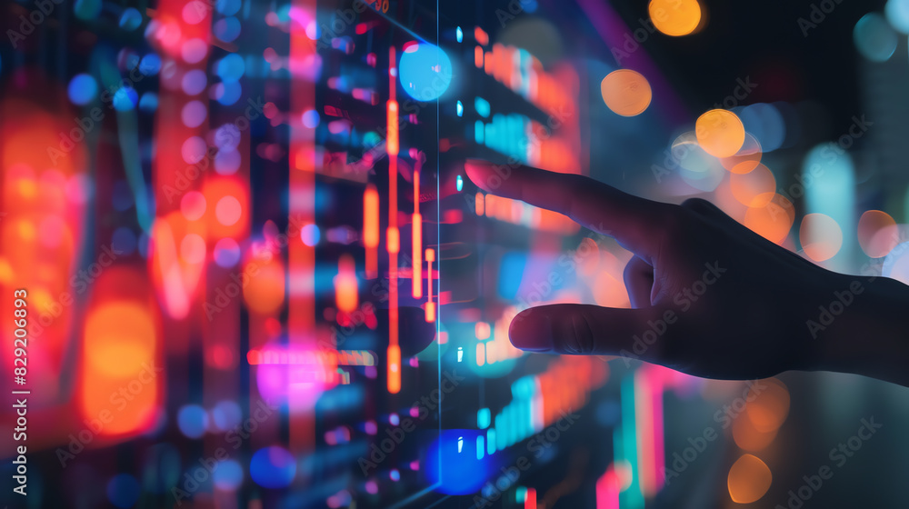 Close up of hand touching digital screen with stock market graph and candlestick chart going down, background is blurred dark colorful abstract background with light bokeh effect Close up of hand touching digital screen with stock market graph and candlestick chart going down, background is blurred dark colorful abstract background with light bokeh effect