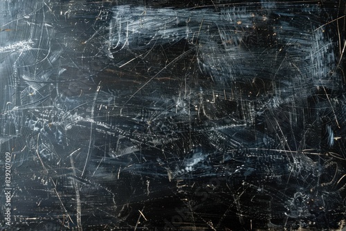 A black and white photo of a chalkboard with a lot of writing on it. Scene is somewhat chaotic and disorganized, with the writing covering most of the board