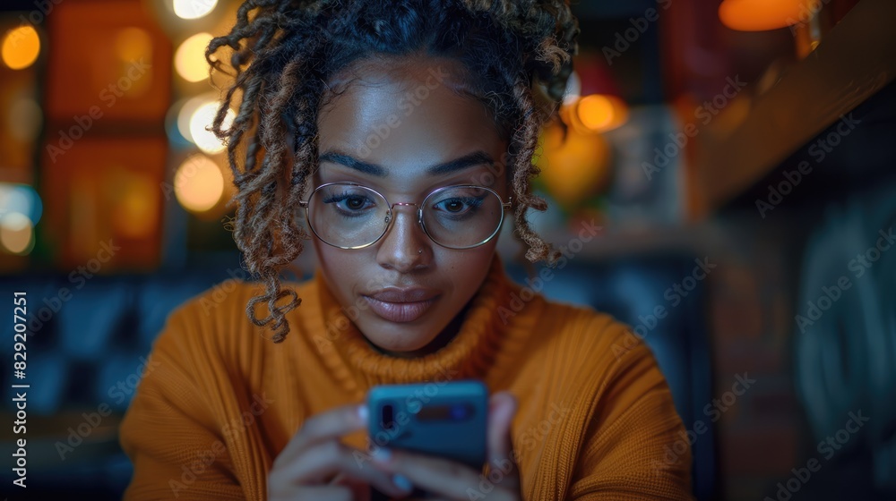 Fototapeta premium young black woman with glasses and surprised expression on face holds up mobile phone at home.