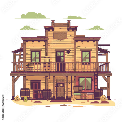 Old western saloon facade vector illustration, wooden building design cartoon style. Desert environment surrounds vintage Wild West tavern exterior, detailed architecture artwork