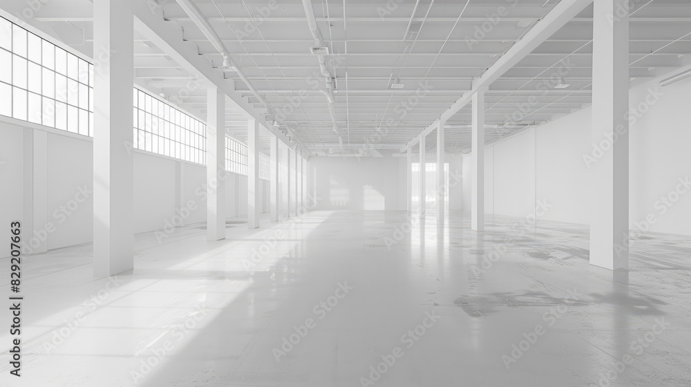 Empty white warehouse interior with clean, open space and a pristine white background, emphasizing the vast, uncluttered area Empty white warehouse interior with clean, open space and a pristine white background, emphasizing the vast, uncluttered area