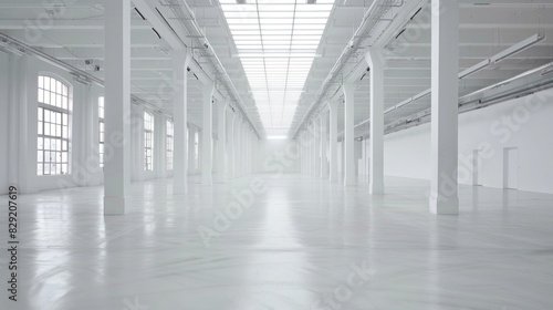 Empty white warehouse interior with clean, open space and a pristine white background, emphasizing the vast, uncluttered area photo