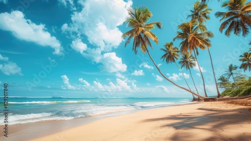 Panoramic beach scene with coconut palms and turquoise waters under a clear blue sky  perfect for vacation and relaxation themes.