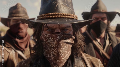 A group of outlaws posing for a photo one with a bandana covering his face.