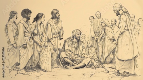 Gerasene Demoniac Healed by Jesus, Freed Man Calm, Townspeople Amazed, Biblical Illustration, Beige Background, Copyspace
