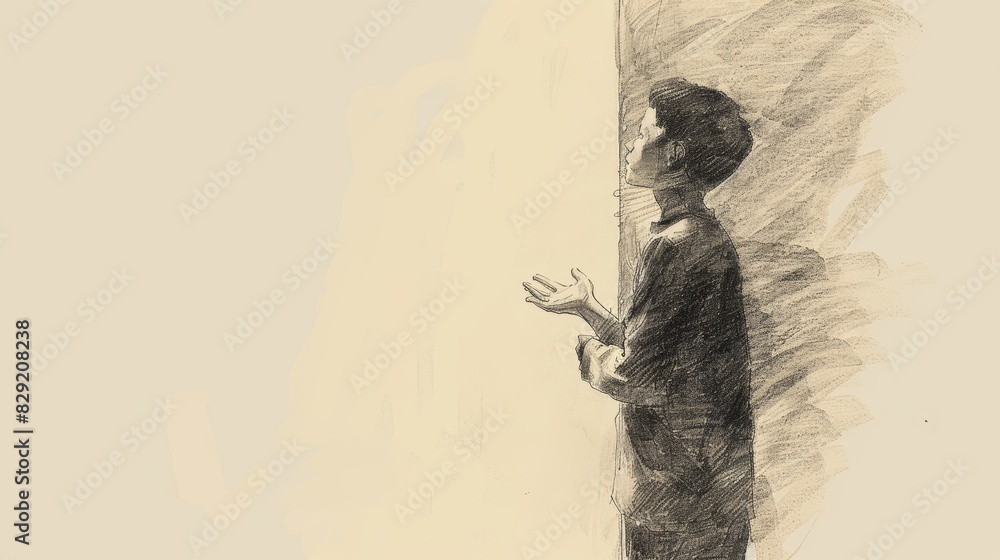 Fototapeta premium Samuel Hearing God's Voice Calling at Night, Temple Scene, Biblical Illustration, Beige Background, Copyspace