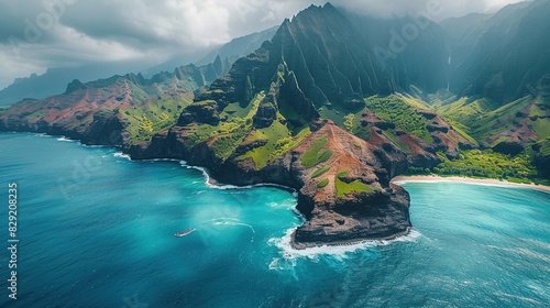 drone view, where mountain cliffs meets the raging ocean, large kayak floating in ocean photo