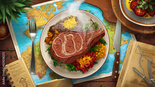 top view illustration of a plate loaded with a juicy steak, exotically seasoned and accompanied by a variety of colorful side dishes. photo