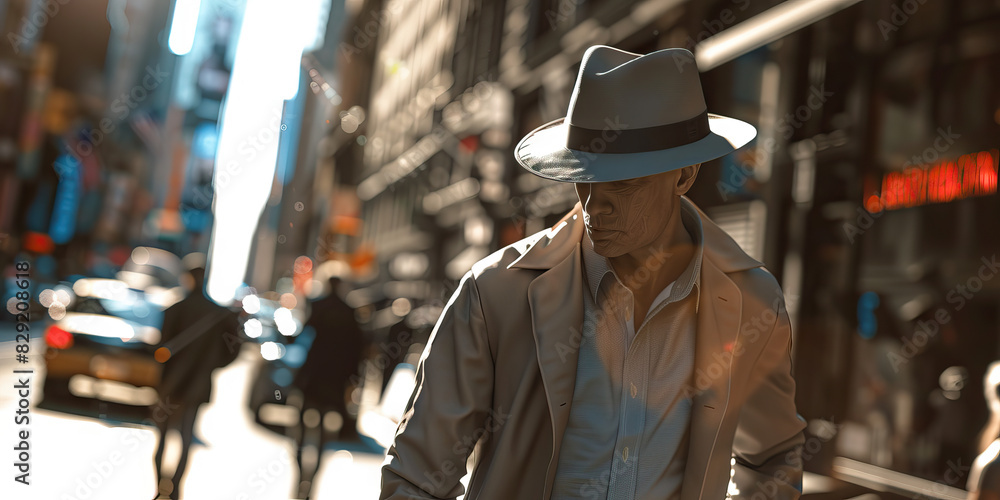 Against the backdrop of a busy city street, a man in a fedora hat confidently struts down the sidewalk, his pace unwavering Against the backdrop of a busy city street, a man in a fedora hat confidently struts down the sidewalk, his pace unwavering