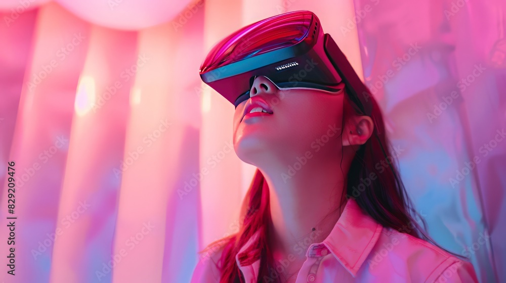 Enjoying a live-streaming concert, a young Asian woman in casual clothes watches through her VR glasses, Enjoying a live-streaming concert, a young Asian woman in casual clothes watches through her VR glasses,