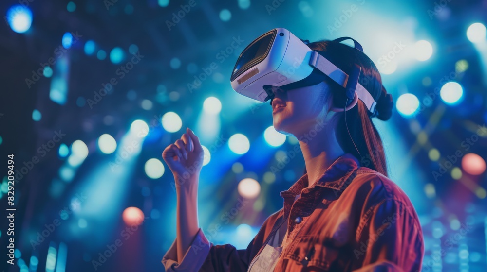 Enjoying a live-streaming concert, a young Asian woman in casual clothes watches through her VR glasses, Enjoying a live-streaming concert, a young Asian woman in casual clothes watches through her VR glasses,