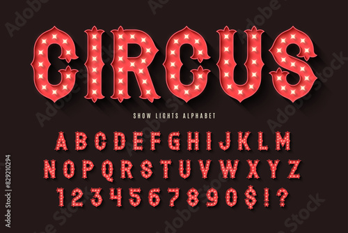 Retro circus alphabet design, cabaret, fairy LED lamps letters and numbers.