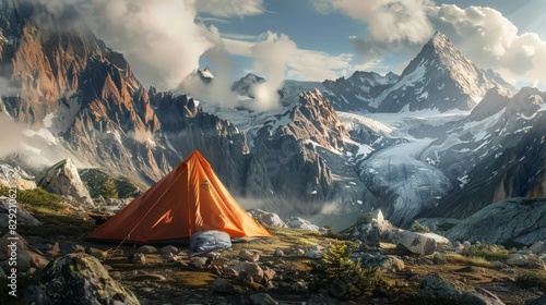 With a backdrop of towering red rocky ridges and distant snowy peaks shrouded in clouds, an orange tent sits tranquilly near a glacier in the sunlit alpine valley photo