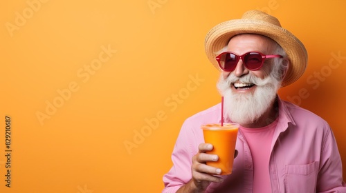 Vibrant and colorful summer concept with a happy old man in a hat and sunglasses sipping an orange juice or cocktail on a pastel background A trendy hipster senior person enjoying