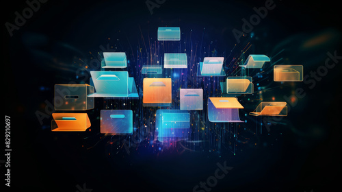 Abstract network grid with files and folders, futuristic software interface, digital document management system, store, search and organize documents, corporate business, paperless office,futuristic, 