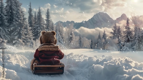 With a cuddly teddy bear in hand, a child enjoys a thrilling sled ride through the snow, soaking in the festive atmosphere of Christmas celebration