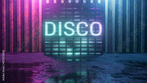 The Disco Is A Bright Holographic Inscription On An Old Wall. 80s Retro Style. Fashion Design For Banners, Posters, Projects. Three-Dimensional Illustration.